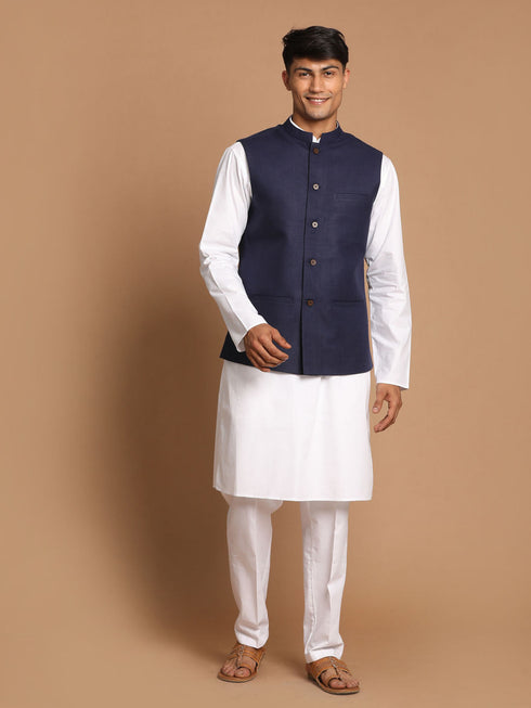 Vastramay Men's Navy Blue Solid Nehru Jacket With White Solid Kurta And White Cotton Pant Style Pyjama Set